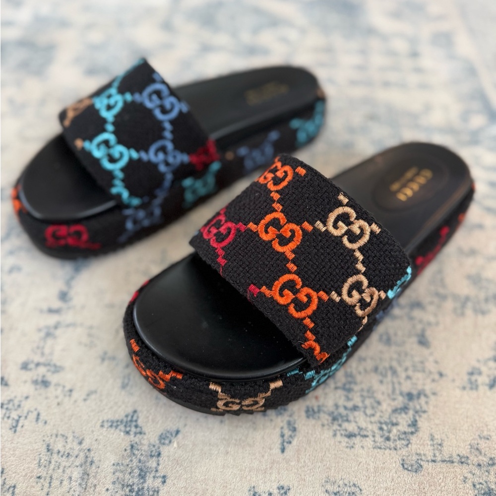 Gucci multi color monogram GG black platform sandals - Picture 2 of 2